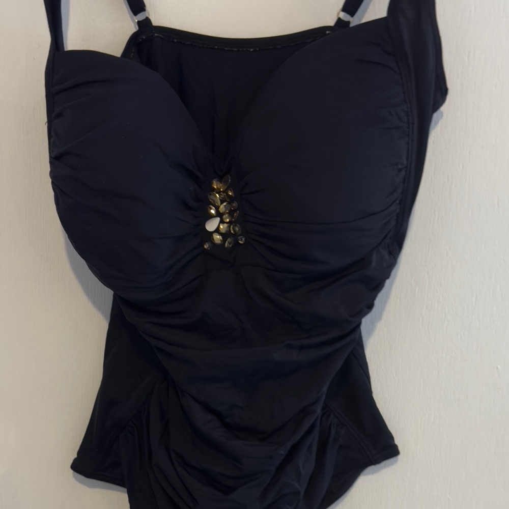 Black Ruched Swimsuit with Crystal Accents - size 16